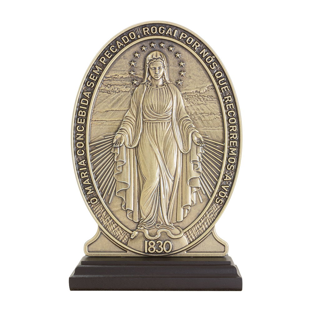 Galeria de imagens Adorno de Nossa Sra. das Gracas frente/verso Ouro Velho com Base 19cm