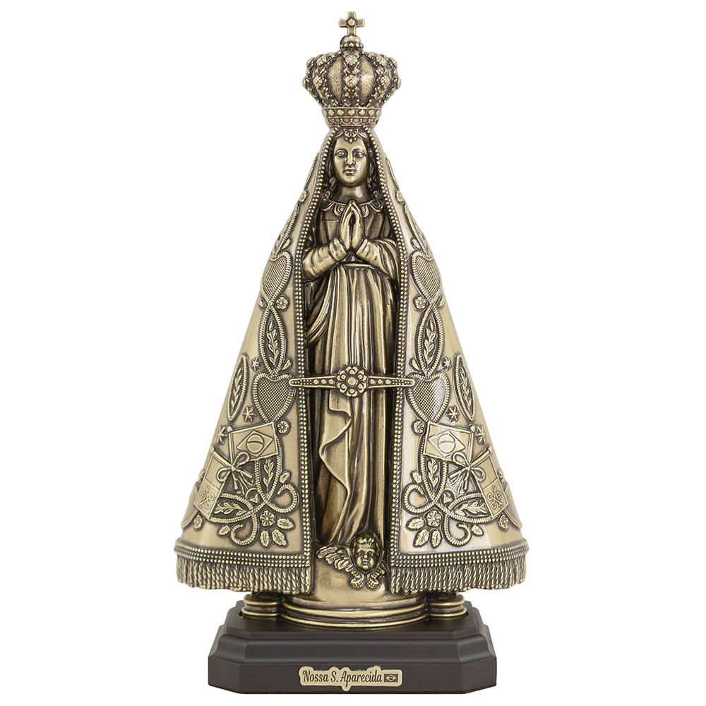 Galeria de imagens Adorno Nossa Senhora Aparecida em Metal Ouro Velho com Base 33cm