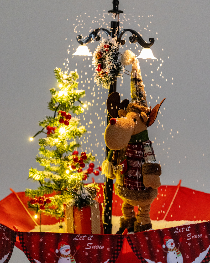 Galeria de imagens Árvore de Natal, com Rena de Natal, base de guarda-chuva com neve, iluminação, música 65 x75