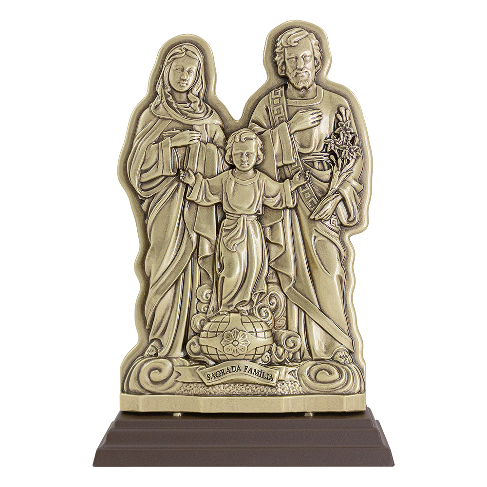 Galeria de imagens Adorno da Sagrada Familia com Oracao Metal Ouro Velho e Acrilico 20cm