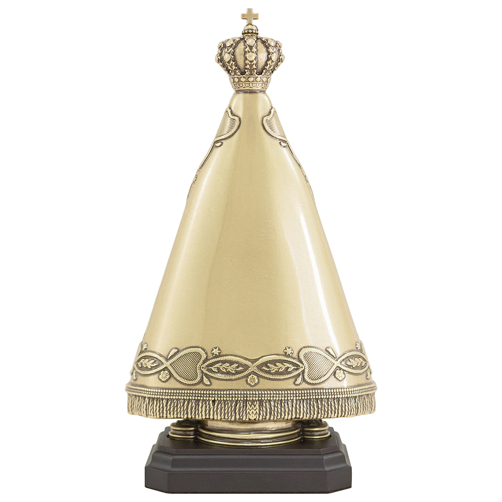 Galeria de imagens Adorno Nossa Senhora Aparecida em Metal Ouro Velho com Base 33cm