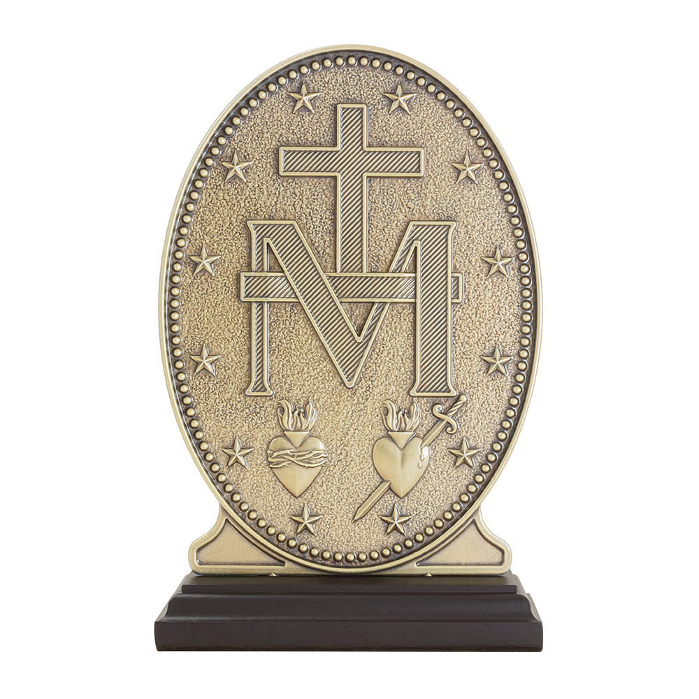 Galeria de imagens Adorno de Nossa Sra. das Gracas frente/verso Ouro Velho com Base 19cm