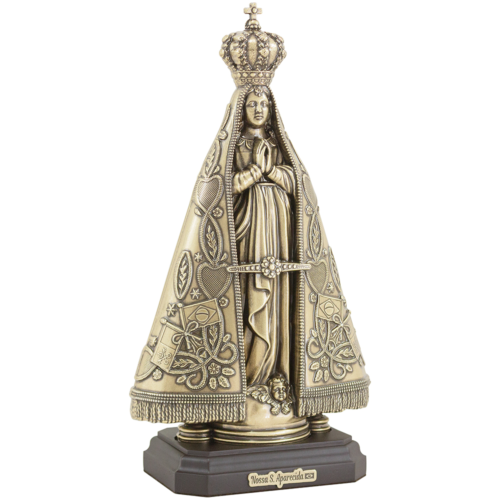 Galeria de imagens Adorno Nossa Senhora Aparecida em Metal Ouro Velho com Base 33cm