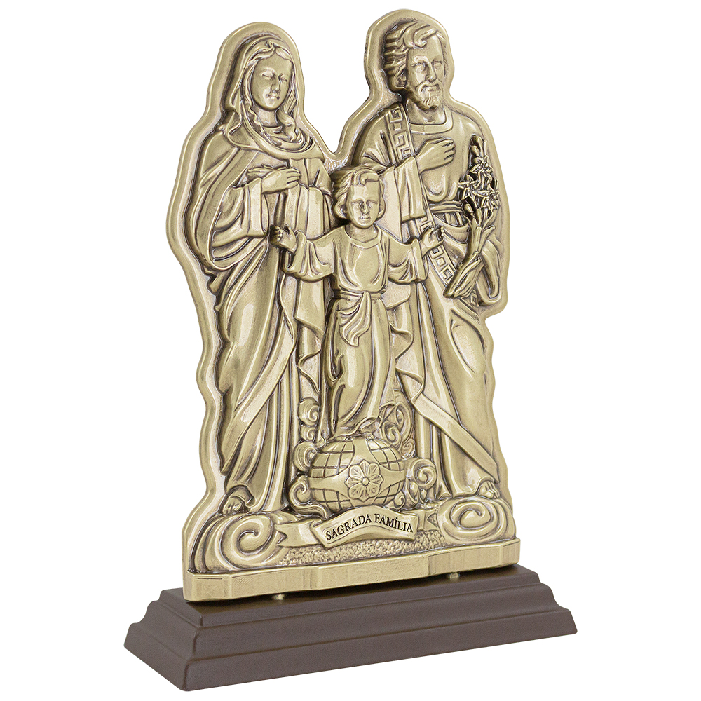 Galeria de imagens Adorno da Sagrada Familia com Oracao Metal Ouro Velho e Acrilico 20cm