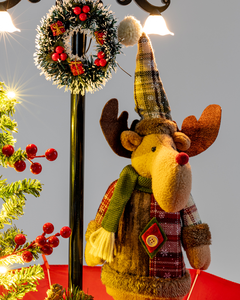 Galeria de imagens Árvore de Natal, com Rena de Natal, base de guarda-chuva com neve, iluminação, música 65 x75