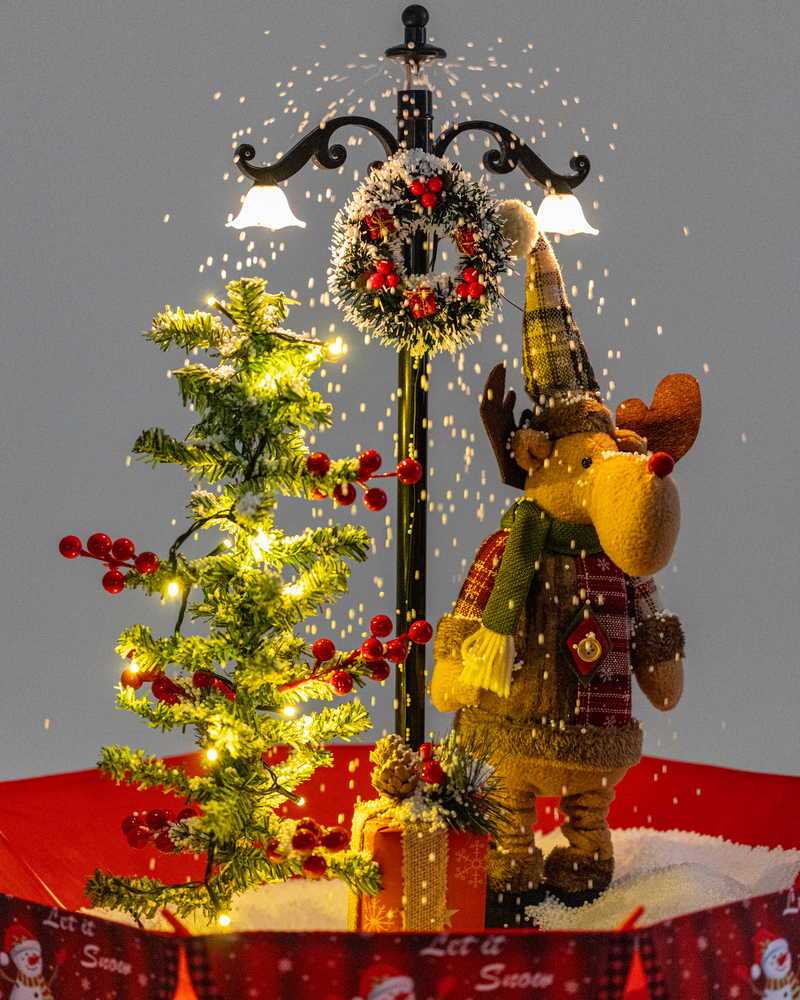 Galeria de imagens Árvore de Natal, com Rena de Natal, base de guarda-chuva com neve, iluminação, música 65 x75