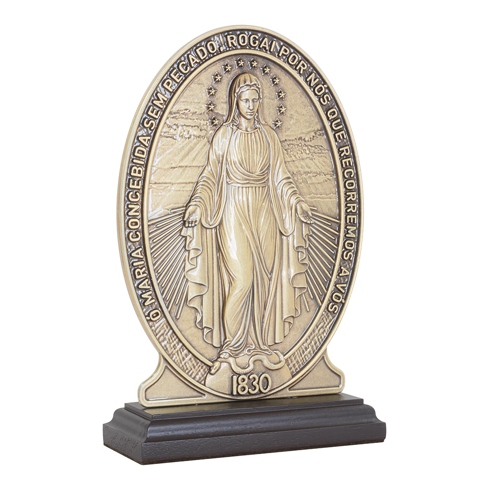 Galeria de imagens Adorno de Nossa Sra. das Gracas frente/verso Ouro Velho com Base 19cm